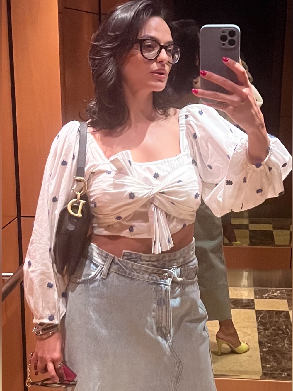 FARM Rio White Puff Sleeve Crop Top with Navy Floral Dots